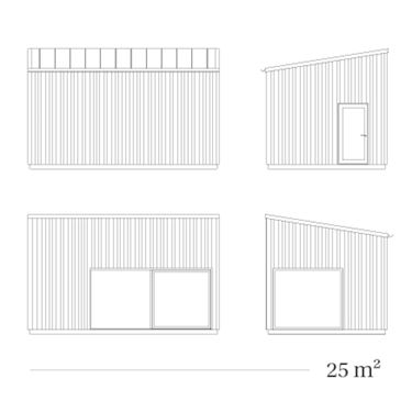 Skiss över Attefallshus 25 kvadratmeter med pulpettak