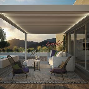 Moderni ja käytännöllinen Pergola lakatusta alumiinista.